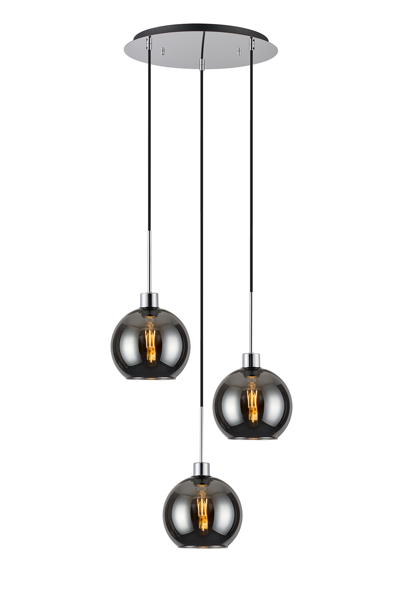 DK1271  Lori 40cm Round Pendant, 3 Light Adjustable E27, Polished Chrome/Chrome Open Mouth Round Globe Shades